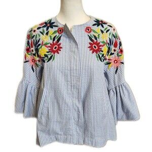 Zara Basic Collection blue & white striped seersucker zip jacket, embroidered S